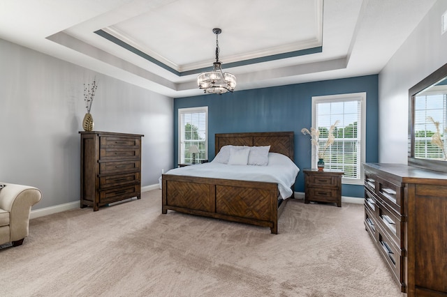 7685 Skarlocken Grn, New Albany, OH 43054 - bedroom with a raised ceiling, light colored carpet, a chandelier, multiple windows, and ornamental molding