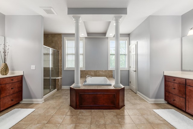7685 Skarlocken Grn, New Albany, OH 43054 - full bath featuring decorative columns, vanity, a shower stall, a bath, and tile patterned floors