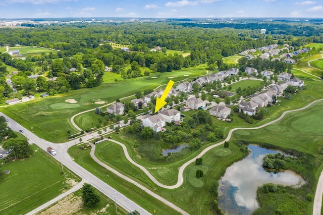 7685 Skarlocken Grn, New Albany, OH 43054 - aerial overview of property's location with a nearby body of water, a local golf course, and nearby suburban area