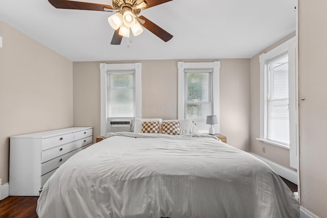 1140 Summit St, Columbus, OH 43201 - bedroom with dark wood-type flooring, multiple windows, baseboards, and a ceiling fan
