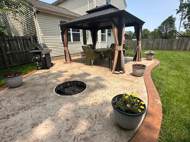 3476 Bayspirit Ct, Reynoldsburg, OH 43068 - fenced backyard featuring a gazebo, an outdoor fire pit, grilling area, and a patio area