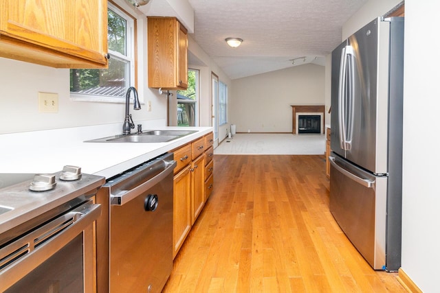 3476 Bayspirit Ct, Reynoldsburg, OH 43068 - kitchen featuring appliances with stainless steel finishes, light wood-style floors, a fireplace, open floor plan, and lofted ceiling