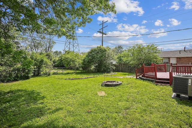 2117 Kilbourne Ave, Columbus, OH 43229 - view of yard featuring an outdoor fire pit, central air condition unit, and a wooden deck