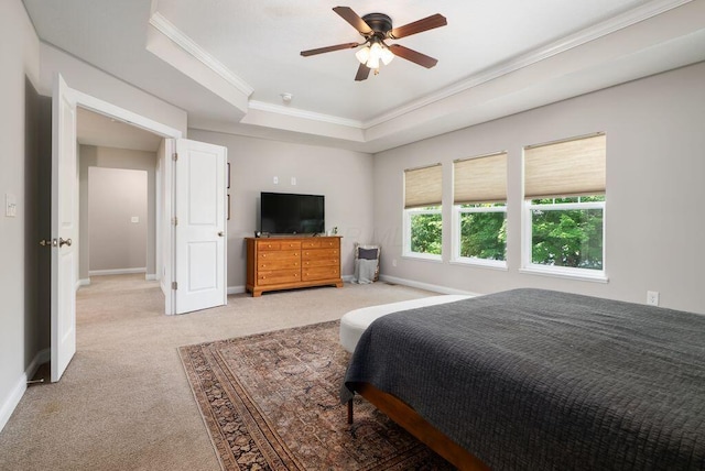 1211 Mcclish Ct, Grove City, OH 43123 - bedroom featuring crown molding, light carpet, a tray ceiling, baseboards, and ceiling fan