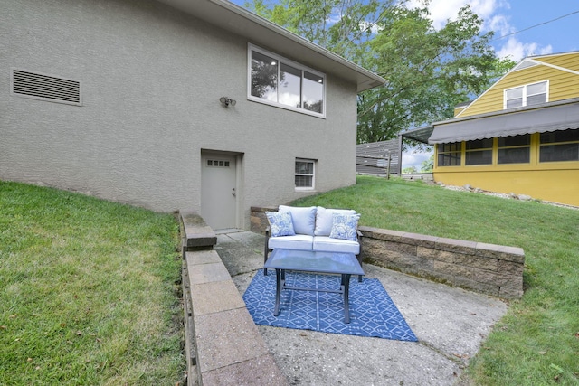 2608 Edgevale Rd, Columbus, OH 43221 - rear view of property with a patio, stucco siding, and a lawn