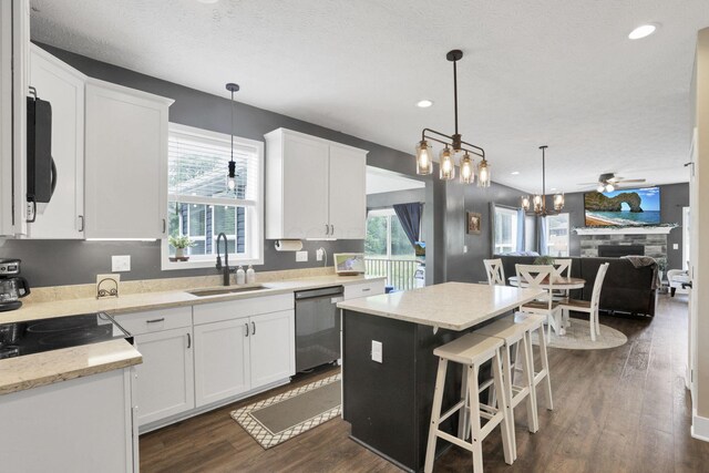 9559 Basil Rd NW, Baltimore, OH 43105 - kitchen with dishwasher, a sink, dark wood finished floors, white cabinets, and recessed lighting