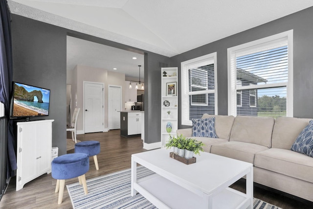 9559 Basil Rd NW, Baltimore, OH 43105 - living room featuring wood finished floors, vaulted ceiling, and recessed lighting