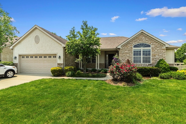 1245 Little Bear Loop, Lewis Center, OH 43035 - ranch-style house featuring stone siding, a front lawn, an attached garage, concrete driveway, and stucco siding
