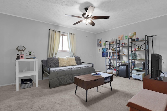 3195 Summerdale Ln, Columbus, OH 43221 - living area featuring a ceiling fan, carpet floors, ornamental molding, a textured ceiling, and baseboards