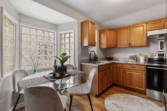926 E 19th Ave, Columbus, OH 43211 - kitchen featuring stainless steel range with electric stovetop, a sink, under cabinet range hood, and light wood finished floors