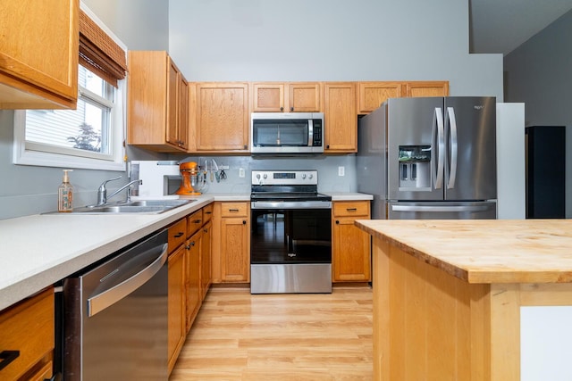 91 Richard Ave, South Bloomfield, OH 43103 - kitchen featuring appliances with stainless steel finishes, wood counters, light wood-type flooring, and a sink