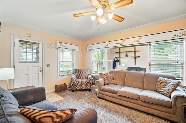 2506 Chester Rd, Columbus, OH 43231 - living area featuring healthy amount of natural light, ornamental molding, a ceiling fan, and baseboards