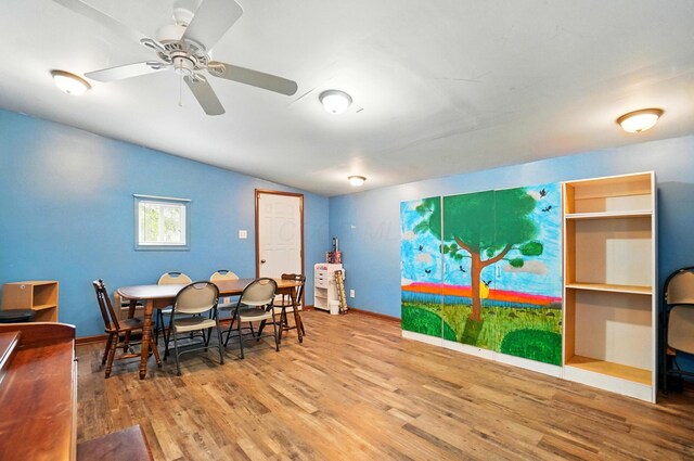 2506 Chester Rd, Columbus, OH 43231 - dining area featuring wood finished floors, vaulted ceiling, baseboards, and a ceiling fan