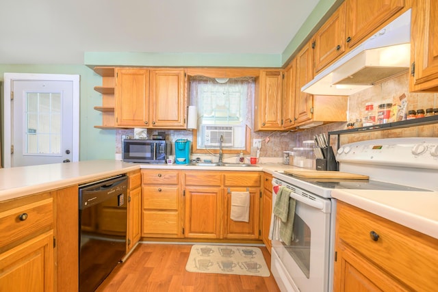 126 Holly Ln, Russells Point, OH 43348 - kitchen featuring white electric range oven, dishwasher, under cabinet range hood, light countertops, and open shelves