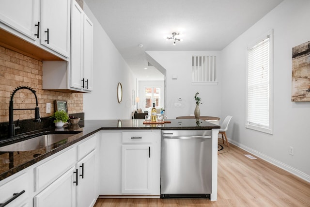 1116 Summit St Unit 1114, Columbus, OH 43201 - kitchen featuring dishwasher, a sink, a peninsula, dark stone countertops, and decorative backsplash