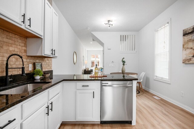 1116 Summit St Unit 1114, Columbus, OH 43201 - kitchen featuring dishwasher, a sink, a peninsula, dark stone countertops, and decorative backsplash