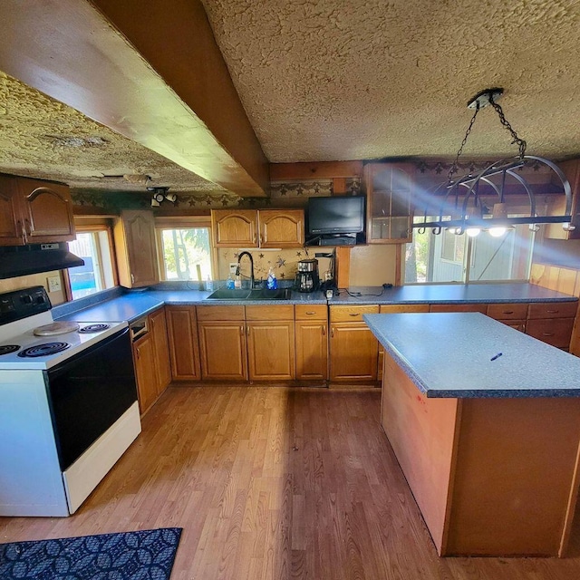 3813 N Old State Rd, Delaware, OH 43015 - kitchen with electric stove, light wood-type flooring, ventilation hood, brown cabinetry, and a kitchen island