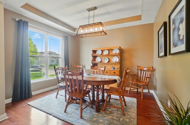 6368 Casado Dr, Columbus, OH 43213 - dining space featuring a tray ceiling, baseboards, wood finished floors, and a chandelier