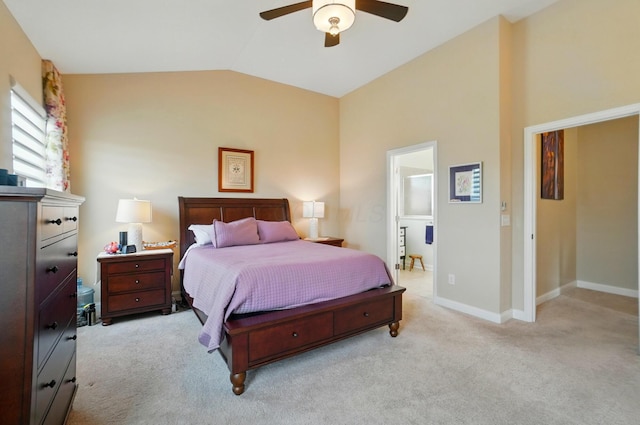 6368 Casado Dr, Columbus, OH 43213 - bedroom with vaulted ceiling, light colored carpet, a ceiling fan, and baseboards