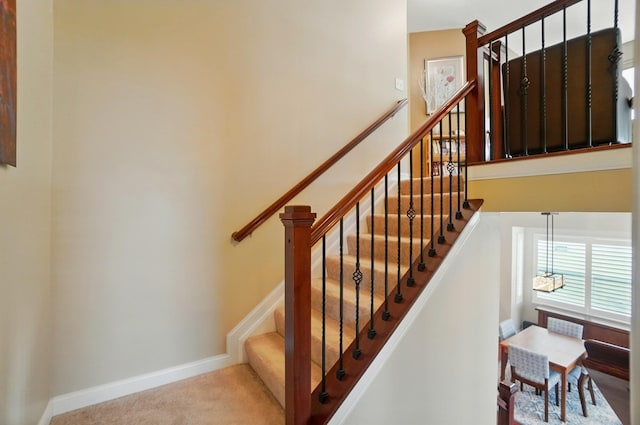 6368 Casado Dr, Columbus, OH 43213 - stairs featuring carpet floors, a towering ceiling, and baseboards