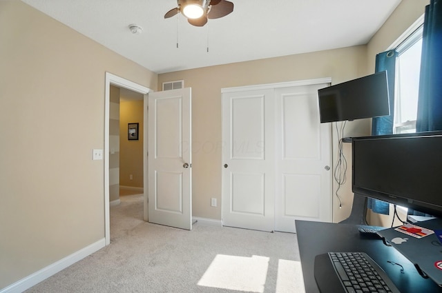 6368 Casado Dr, Columbus, OH 43213 - office area featuring ceiling fan, light carpet, and baseboards