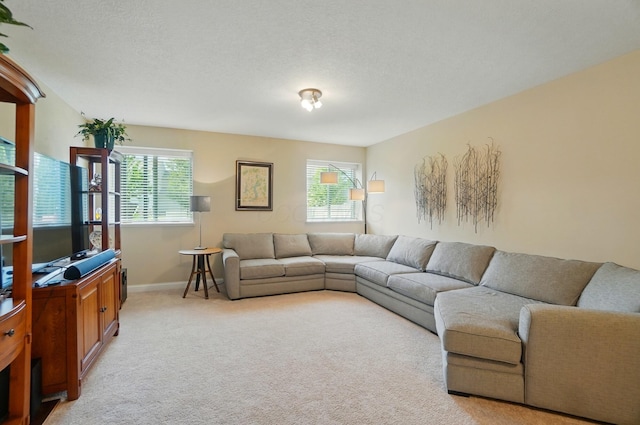 6368 Casado Dr, Columbus, OH 43213 - living area featuring light colored carpet, plenty of natural light, baseboards, and a textured ceiling