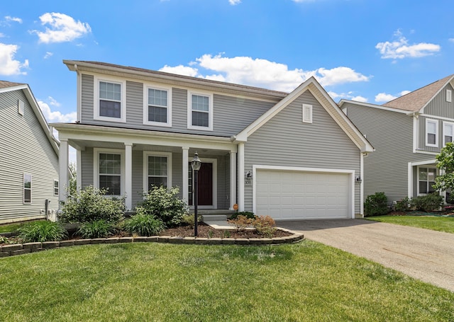 3015 Green Line Way, Columbus, OH 43231 - traditional-style house featuring asphalt driveway, a porch, a front lawn, and a garage