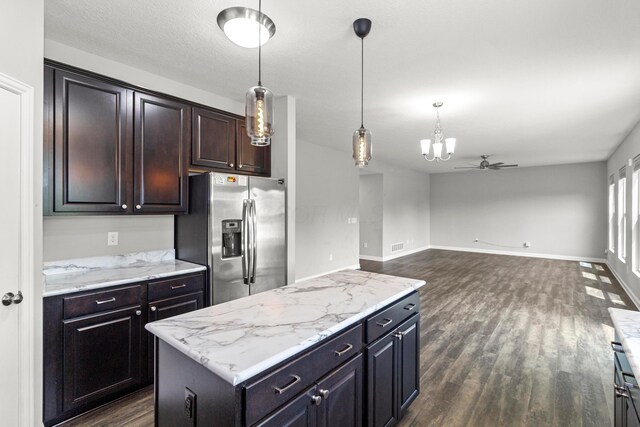 3015 Green Line Way, Columbus, OH 43231 - kitchen featuring stainless steel fridge with ice dispenser, dark wood finished floors, a chandelier, a center island, and hanging light fixtures