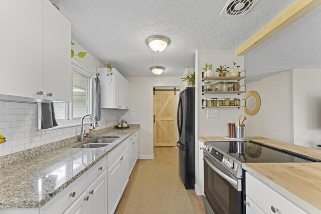 6576 Creon Dr, Reynoldsburg, OH 43068 - kitchen with stainless steel electric range oven, a sink, freestanding refrigerator, white cabinetry, and decorative backsplash