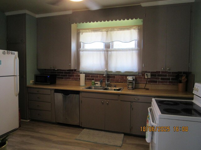 603 N Court St, Circleville, OH 43113 - kitchen featuring white appliances, backsplash, crown molding, light countertops, and light wood finished floors