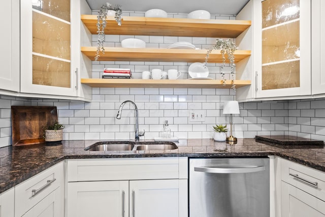 3600 Reed Rd Unit 13, Columbus, OH 43220 - kitchen featuring dishwasher, a sink, open shelves, white cabinetry, and glass insert cabinets