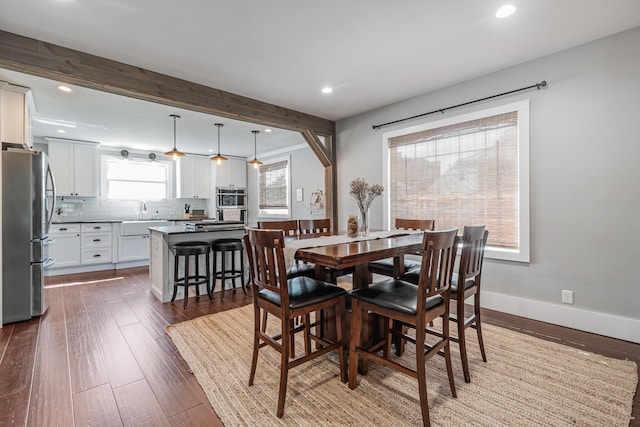 610 Chestnut St, Dresden, OH 43821 - dining space with dark wood-style flooring, recessed lighting, and beam ceiling