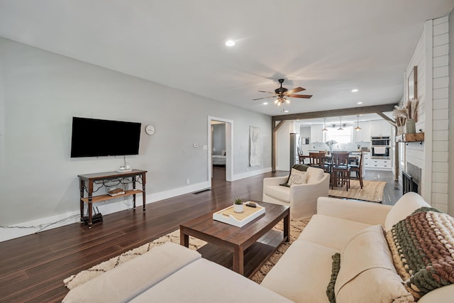 610 Chestnut St, Dresden, OH 43821 - living room with a ceiling fan, wood finished floors, and recessed lighting