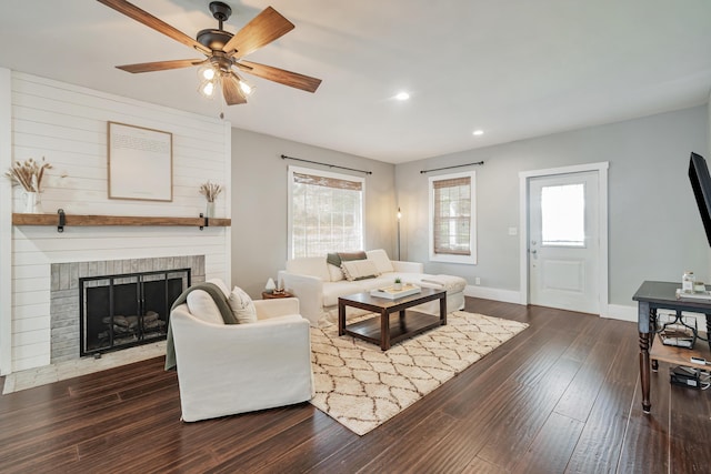 610 Chestnut St, Dresden, OH 43821 - living area featuring ceiling fan, recessed lighting, a fireplace, and dark wood-style flooring