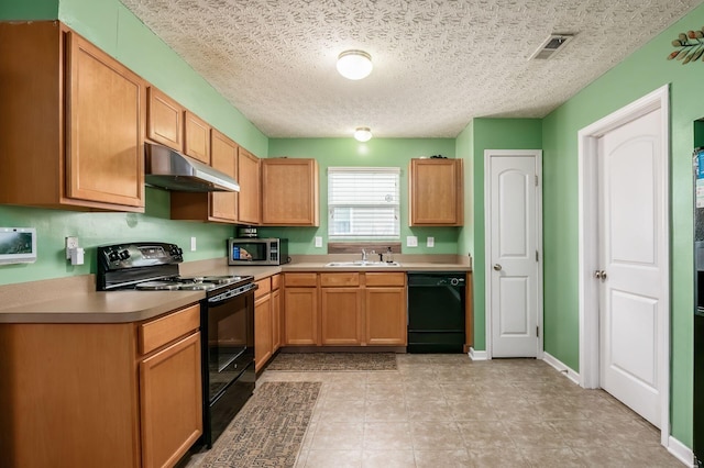 1420 Bellow Falls Pl, Columbus, OH 43228 - kitchen with black appliances, under cabinet range hood, a sink, light countertops, and baseboards