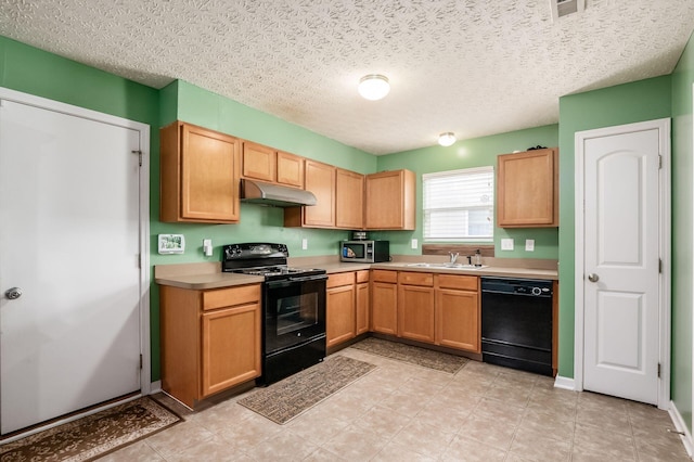 1420 Bellow Falls Pl, Columbus, OH 43228 - kitchen featuring black appliances, under cabinet range hood, a sink, light countertops, and a textured ceiling