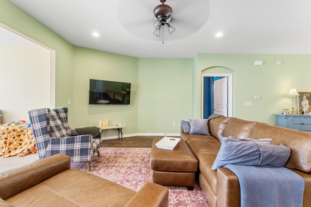 3736 Sanctuary, Hilliard, OH 43026 - living room featuring recessed lighting, wood finished floors, a ceiling fan, and arched walkways