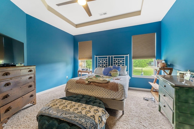 3736 Sanctuary, Hilliard, OH 43026 - bedroom featuring carpet flooring, a raised ceiling, multiple windows, and ceiling fan