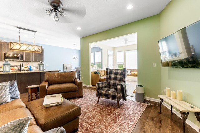 3736 Sanctuary, Hilliard, OH 43026 - living area with a ceiling fan, dark wood-type flooring, and recessed lighting