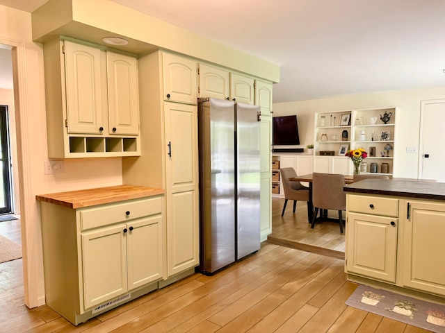 1855 Itawamba Trl, London, OH 43140 - kitchen featuring freestanding refrigerator, wooden counters, light wood-style floors, open shelves, and built in shelves
