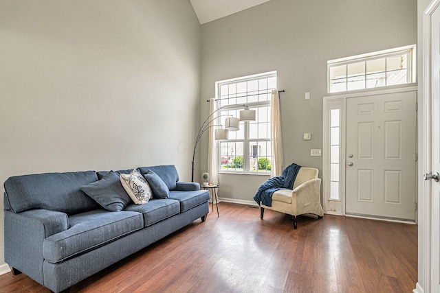 8281 Deering Oaks Dr, Blacklick, OH 43004 - living room featuring high vaulted ceiling, dark wood finished floors, and baseboards