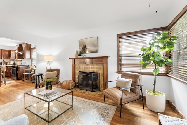 525 E Como Ave, Columbus, OH 43202 - living room featuring light wood-type flooring, arched walkways, and a tiled fireplace
