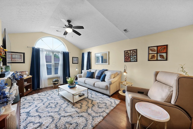 4654 Collingville Way, Columbus, OH 43230 - living room with a textured ceiling, vaulted ceiling, wood finished floors, and a ceiling fan