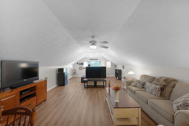 4654 Collingville Way, Columbus, OH 43230 - living area featuring light wood-style floors, baseboards, lofted ceiling, a textured ceiling, and ceiling fan