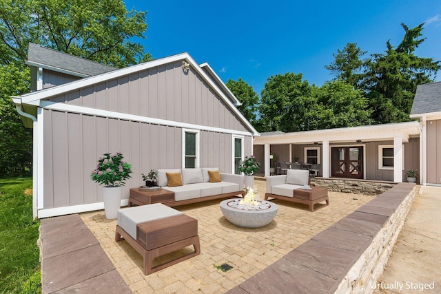 6900 Waterloo Rd NW, Canal Winchester, OH 43110 - view of patio / terrace featuring an outdoor living space with a fire pit and ceiling fan