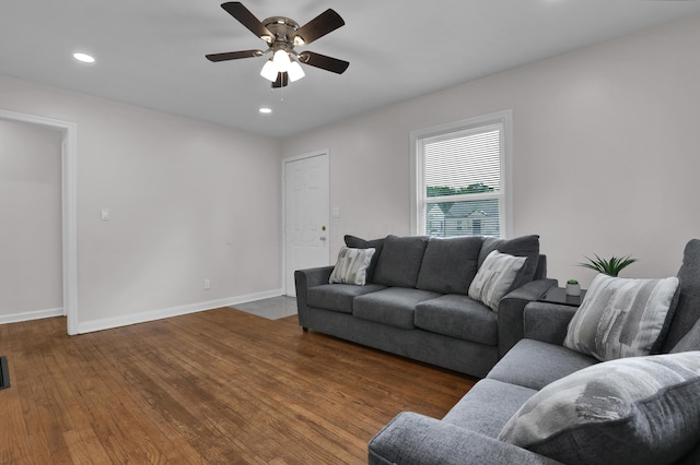 2217 Grasmere Ave, Columbus, OH 43211 - living room with wood finished floors, baseboards, ceiling fan, and recessed lighting