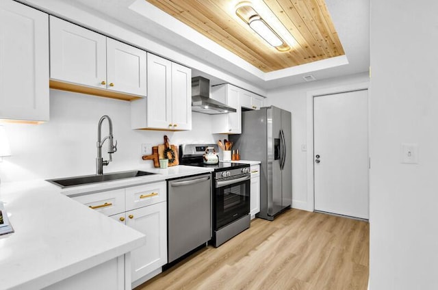 560 Dandy Brush Ln E, Columbus, OH 43230 - kitchen with wall chimney exhaust hood, appliances with stainless steel finishes, a tray ceiling, a sink, and light countertops