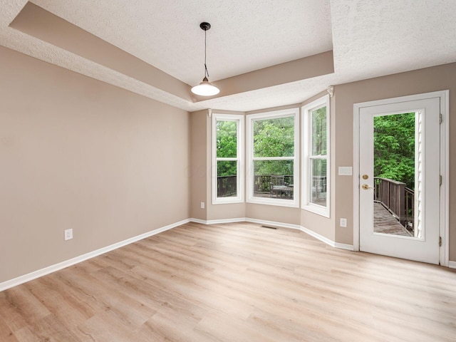 7034 Kellogg Dr, Powell, OH 43065 - spare room with a textured ceiling, light wood-style floors, baseboards, and a tray ceiling