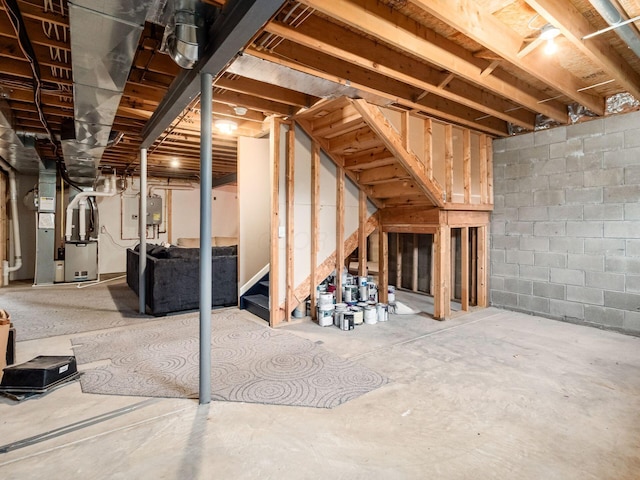 7034 Kellogg Dr, Powell, OH 43065 - unfinished basement with stairway, heating unit, concrete block wall, and electric panel