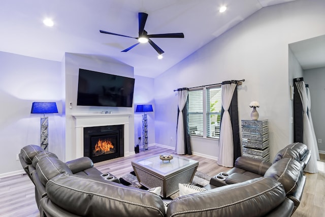 1333 Andy Way, Pataskala, OH 43062 - living area with a ceiling fan, a lit fireplace, wood finished floors, high vaulted ceiling, and recessed lighting
